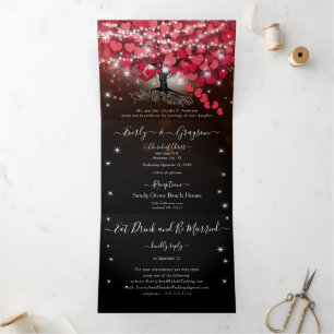 All In One Elegante Rode & Roze Hartblad Bruiloft  Drieluik Uitnodiging