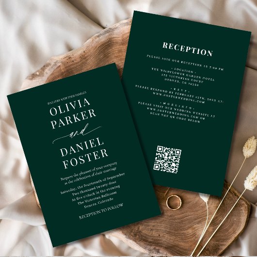All in One Emerald Green QR Code Wedding Kaart
