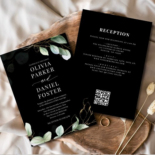 All in One Eucalyptus Black QR Code Wedding Kaart