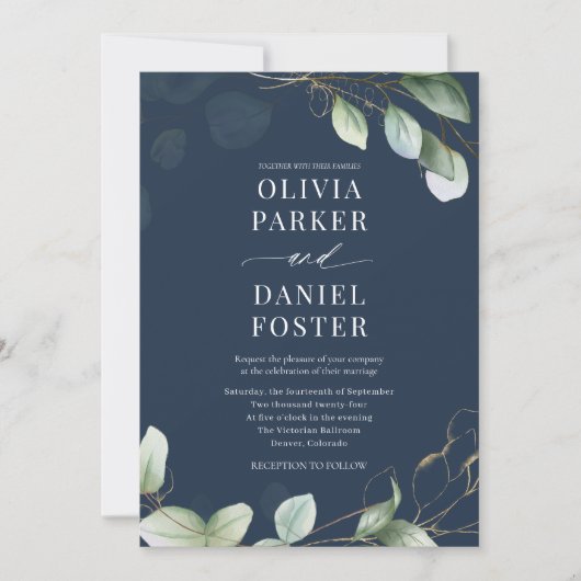 All in One Eucalyptus Navy Blue QR Code Wedding Kaart (Voorkant)