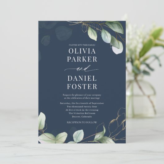 All in One Eucalyptus Navy Blue QR Code Wedding Kaart (Staand voorkant)