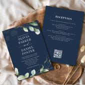 All in One Eucalyptus Navy Blue QR Code Wedding Kaart
