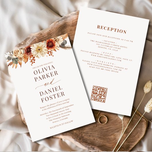 All in One Fall Floral Autumn Wedding QR Code Kaart
