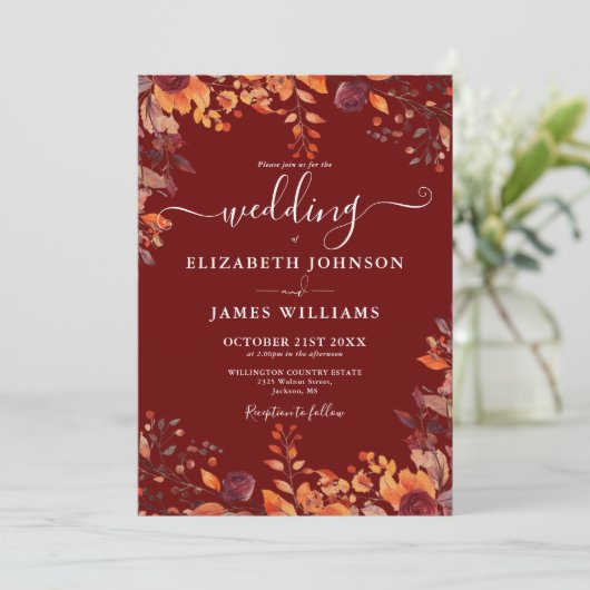 All In One Floral Fall In Love QR Code Wedding Kaart (Staand voorkant)