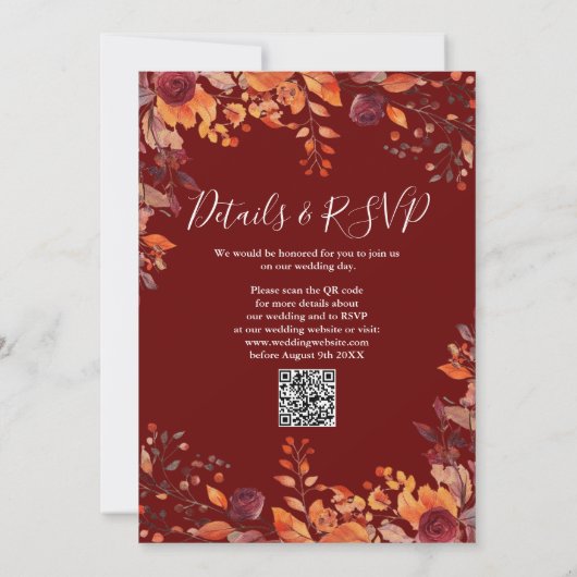 All In One Floral Fall In Love QR Code Wedding Kaart (Achterkant)