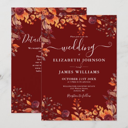 All In One Floral Fall In Love QR Code Wedding Kaart (Voorkant / Achterkant)