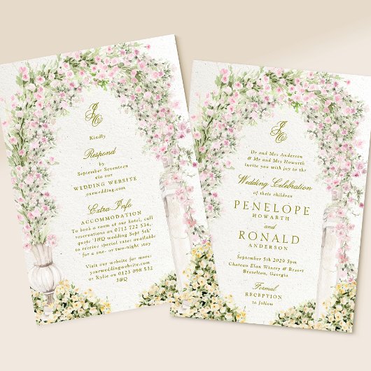 all in one floral garden arch rsvp details wedding kaart