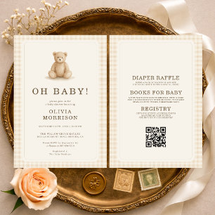 All in One Gingham Teddybeer Oh Baby Baby Shower Kaart