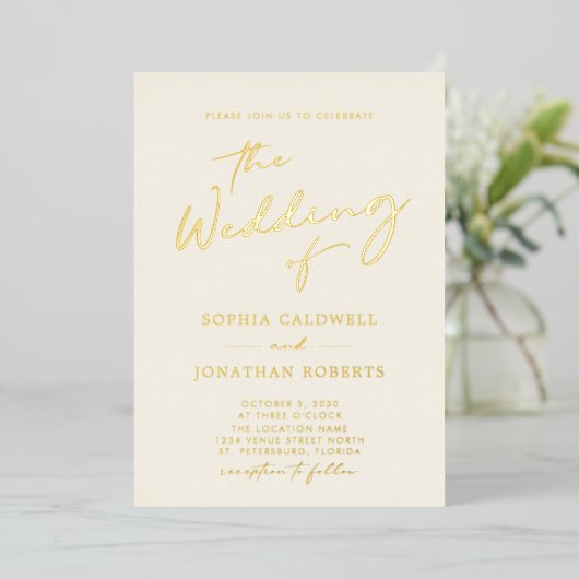All-in-One Gold Calligraphy Cream Wedding Folie Uitnodiging (Staand Voorkant)