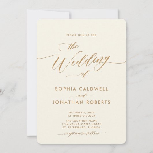 All in One Gold en Cream Calligrafie Bruiloft Kaart (Voorkant)