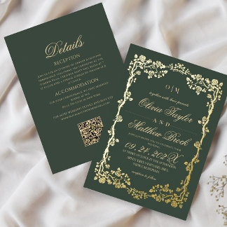 All in One Green Gold Rose Flowers Wedding Folie Uitnodiging