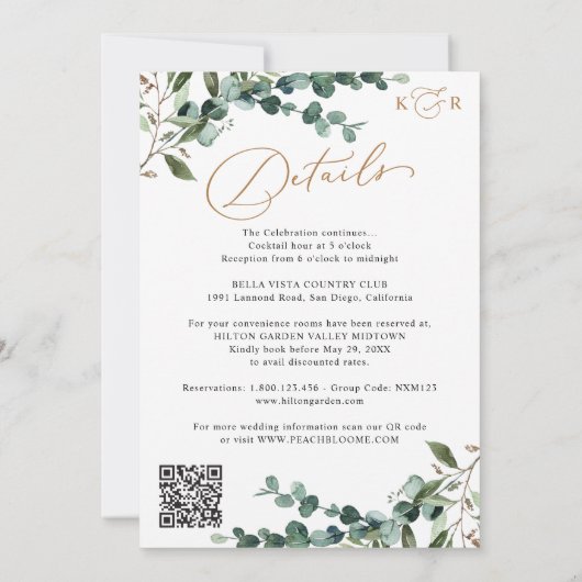 All-In-One Greenery Gold Geometric QR Code Wedding Kaart (Achterkant)