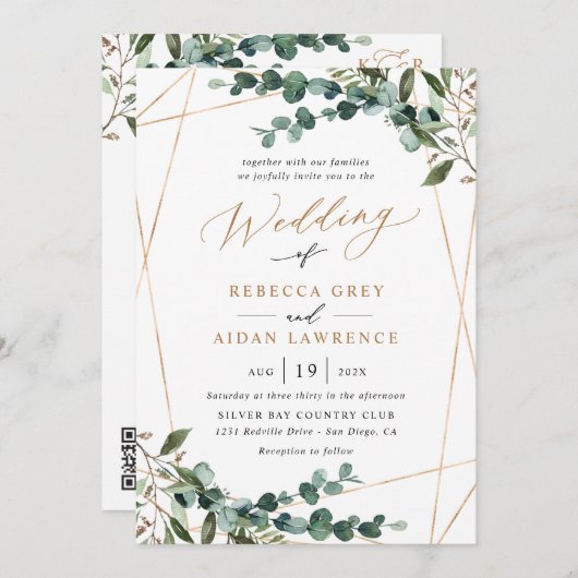 All-In-One Greenery Gold Geometric QR Code Wedding Kaart (Voorkant / Achterkant)