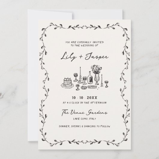 All In One Hand Getekende Ranken QR Code Bruiloft Kaart (Voorkant)