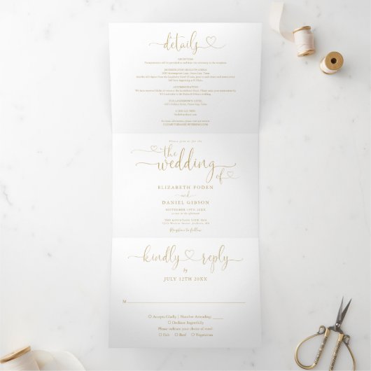 All In One Heart Script Gouden Trouwdag Drieluik Uitnodiging (Binnen)