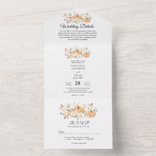 "All-in-One herfstbruiloft | Rustieke pompoen All In One Uitnodiging (Binnen)