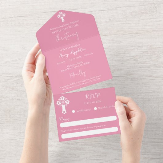 All In One Invitation Floral Cross Baptism Pink All In One Uitnodiging (Afscheurbaar)