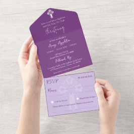 All In One Invitation Floral Cross Baptism Purple Uitnodiging