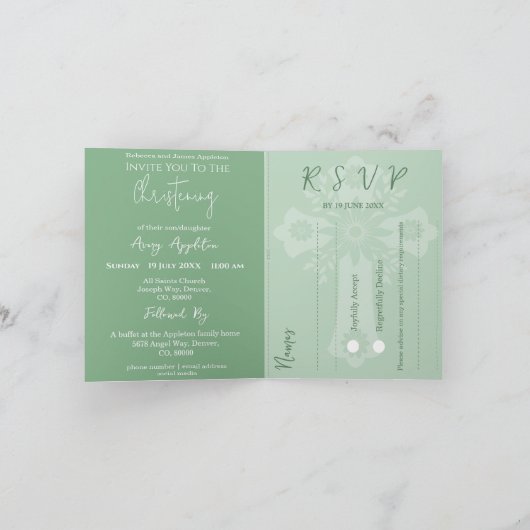 All In One Invitation For Baptism Cross Sage Green Feestdagen Kaart (Binnen)
