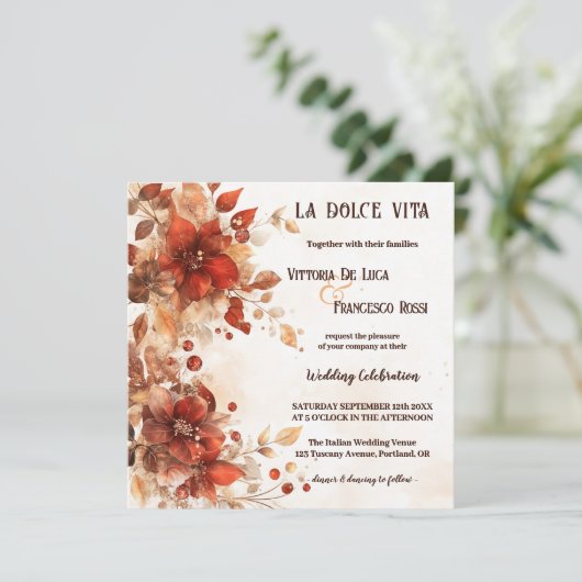 All-in-One Italiaanse Rode Bloemen Wedding Kaart (Staand voorkant)
