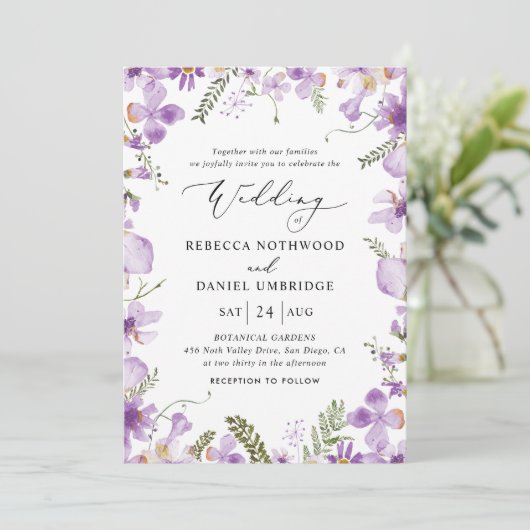 All-in-one Lavender Wildflower Wedding Kaart (Staand voorkant)