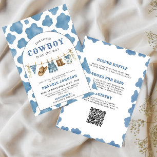 All in One Little Cowboy Blue QR Code Baby Shower Kaart