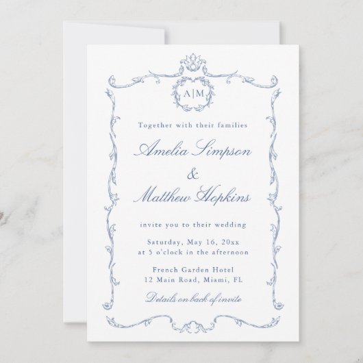 All in One Modern Classic French Wedding Blue Kaart (Voorkant)
