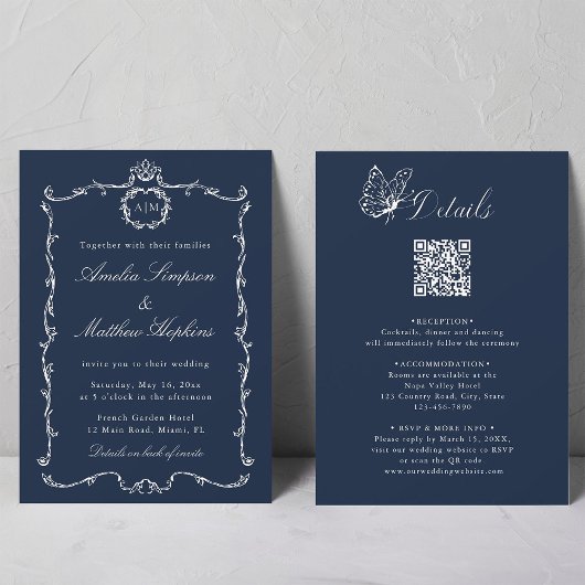 All in One Modern Classic French Wedding Navy Blue Kaart