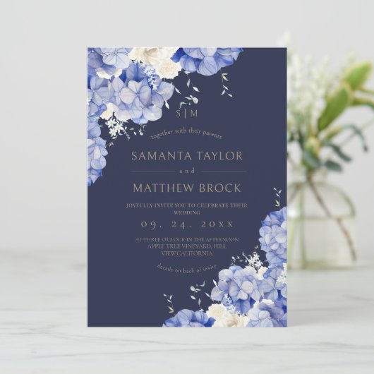 All in One Modern⎮Navy Bloemen Bruiloft Kaart (Staand voorkant)