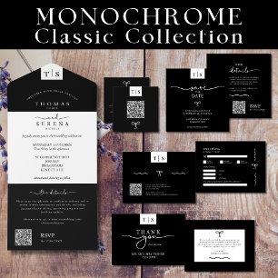 All in One Monochrome Zwart Wit QR Code Bruiloft Uitnodiging