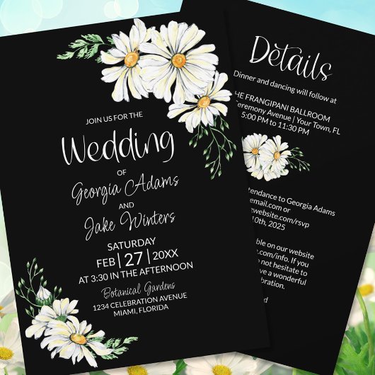 All-in-One Moody Black Daisies Wedding Invitation Kaart