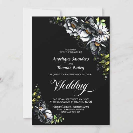 All In One Moody Black Floral Wedding Kaart (Voorkant)