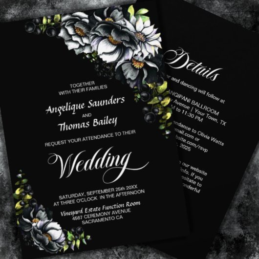 All In One Moody Black Floral Wedding Kaart