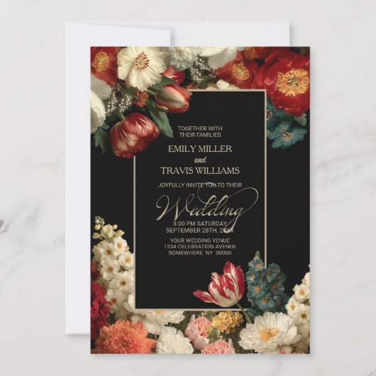 All in One Moody Floral Black Wedding Kaart (Voorkant)