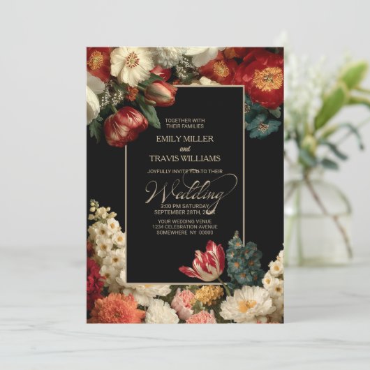 All in One Moody Floral Black Wedding Kaart (Staand voorkant)