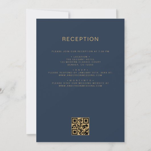 All in One Navy Blauw Goud Bruiloft QR Code Script Kaart (Achterkant)