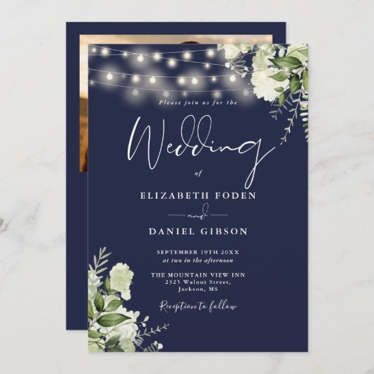 All In One Navy Blauwe Groene Licht Foto Bruiloft Kaart (Voorkant / Achterkant)