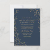 All in One Navy Blue Gold Minimal Leaf Wedding Kaart (Voorkant)