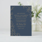 All in One Navy Blue Gold Minimal Leaf Wedding Kaart (Staand voorkant)