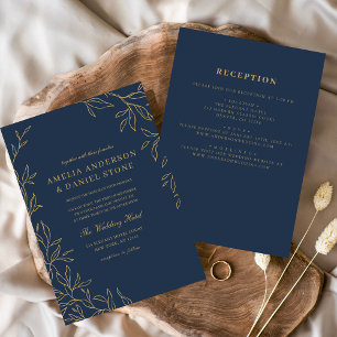 All in One Navy Blue Gold Minimal Leaf Wedding Kaart
