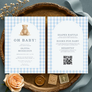 All in One Oh Babybeer Blauwe Gingham Baby Shower Kaart