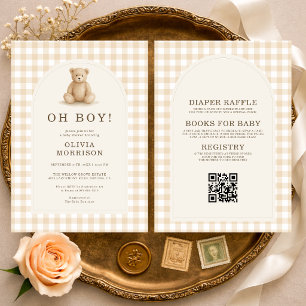 All in One Oh Boy Teddybeer Gingham Baby Shower Kaart