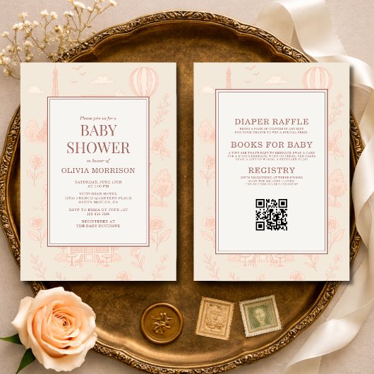 All in One Paris French Toile QR Code Baby Shower Kaart