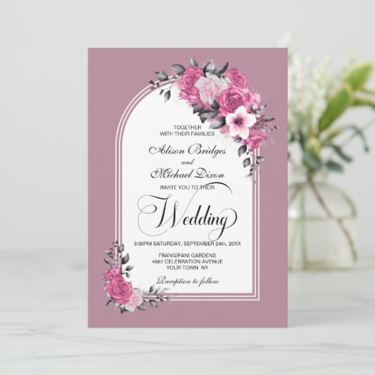 All In One Pink Floral Arch Dusty Rose Wedding Kaart (Staand voorkant)