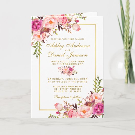 All-in-One Pink Floral Weduwfoto uitnodiging (Voorkant)