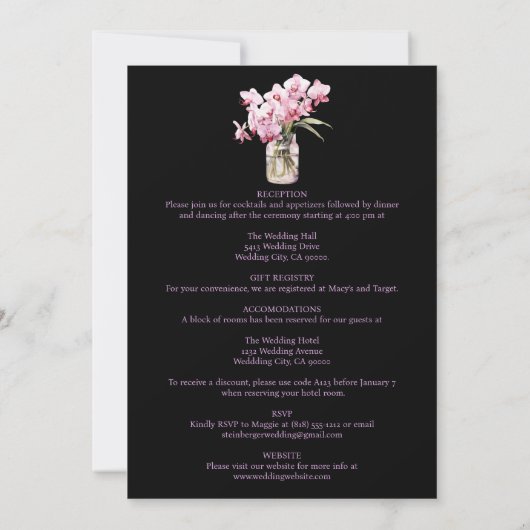 All in One Pink Orchids Black Wedding Uitnodiginge Kaart (Achterkant)
