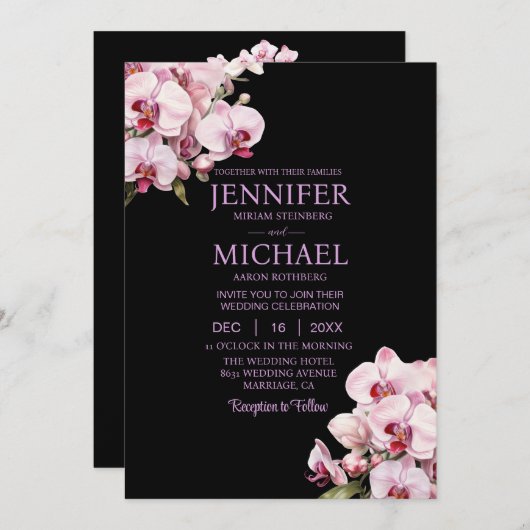 All in One Pink Orchids Black Wedding Uitnodiginge Kaart (Voorkant / Achterkant)
