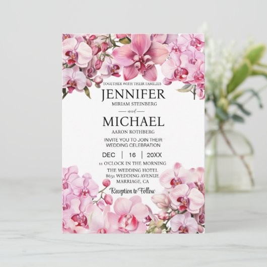 All in One Pink Orchids Wedding Uitnodigingen (Staand voorkant)
