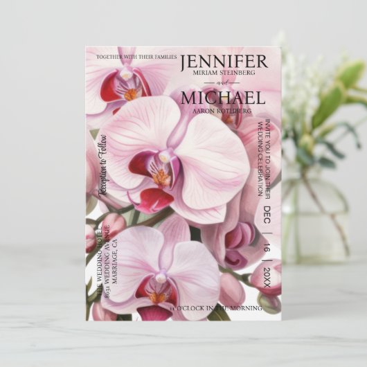 All in One Pink Orchids Wedding Uitnodigingen (Staand voorkant)