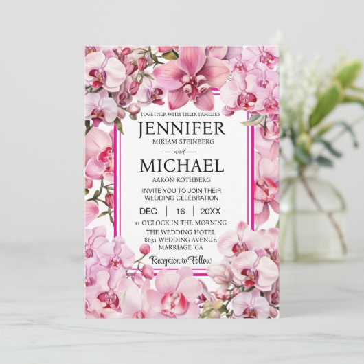 All in One Pink Orchids Wedding Uitnodigingen (Staand voorkant)